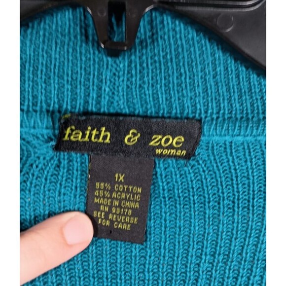Faith & Zoe Acrylic Cotton Cardigan Teal Blue Long Drape Open Front Plus Size 1X - Picture 3 of 7